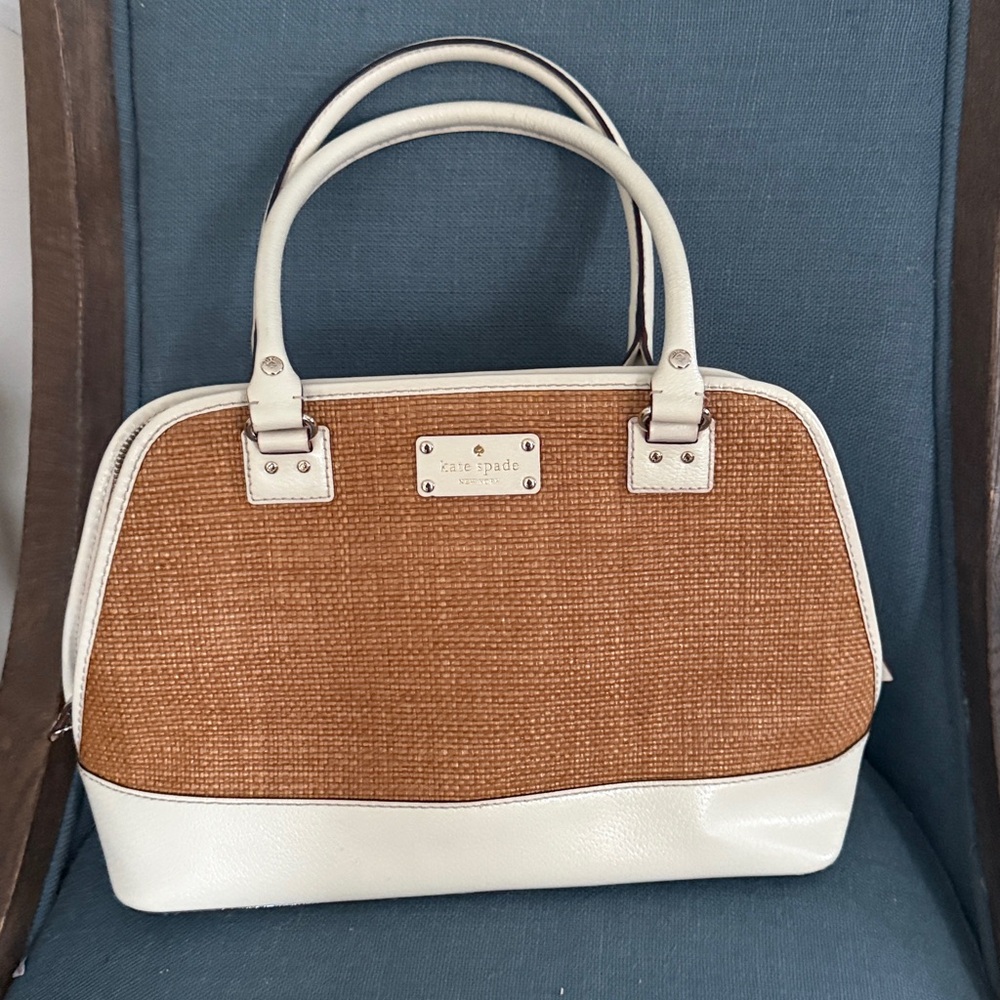 Kate Spade WOVEN Lotty Dome Satchel IVORY Leather & Brown Woven Straw panel EUC - Picture 5 of 15